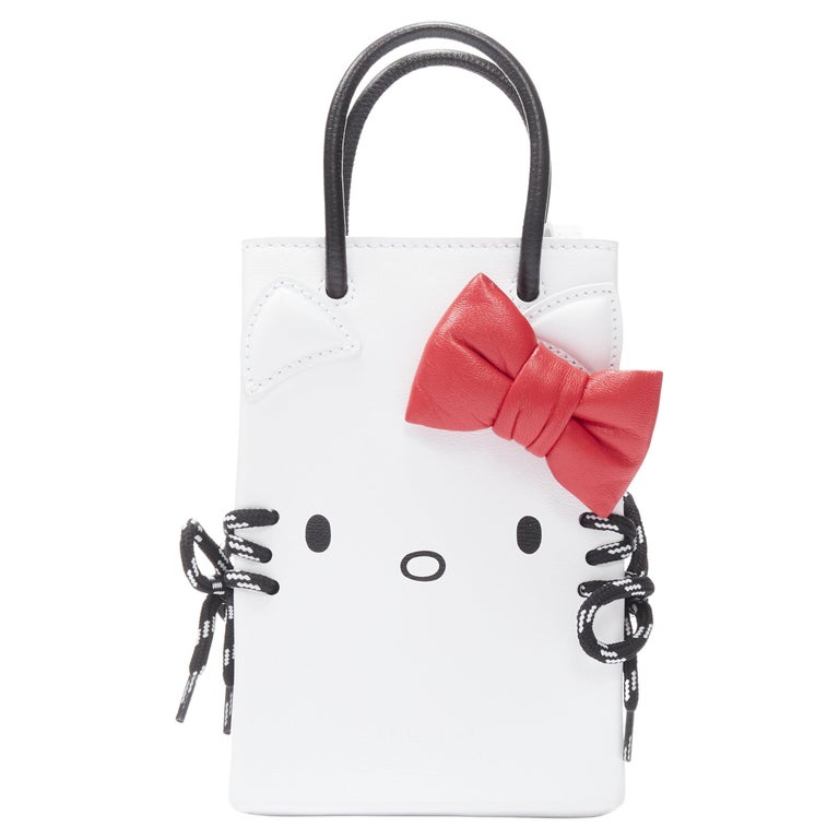 new BALENCIAGA Kitty Phone Holder red bow white leather micro crossbody bag  For Sale at 1stDibs