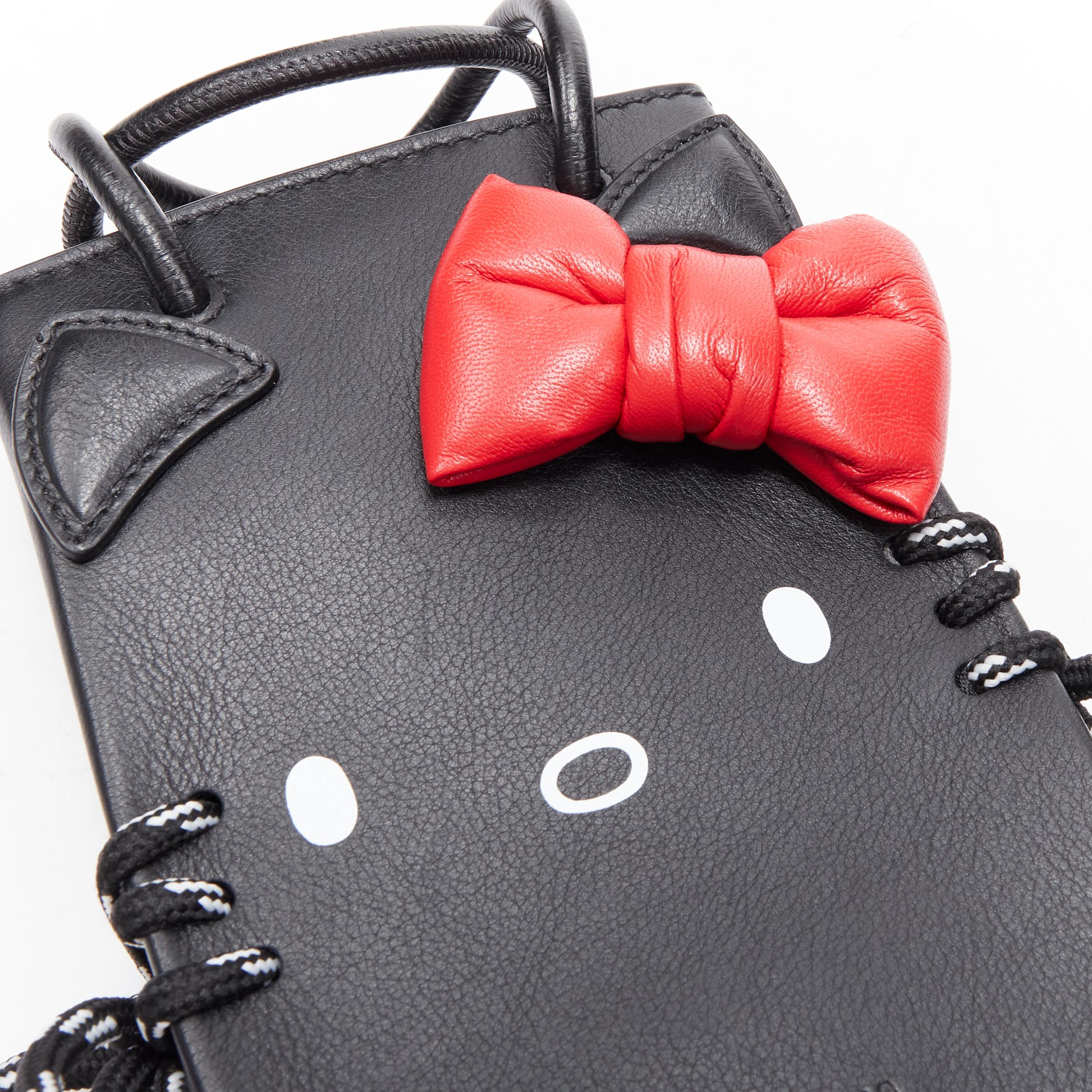 new BALENCIAGA Kitty Phone Holder red bow black leather micro crossbody bag In New Condition In Hong Kong, NT