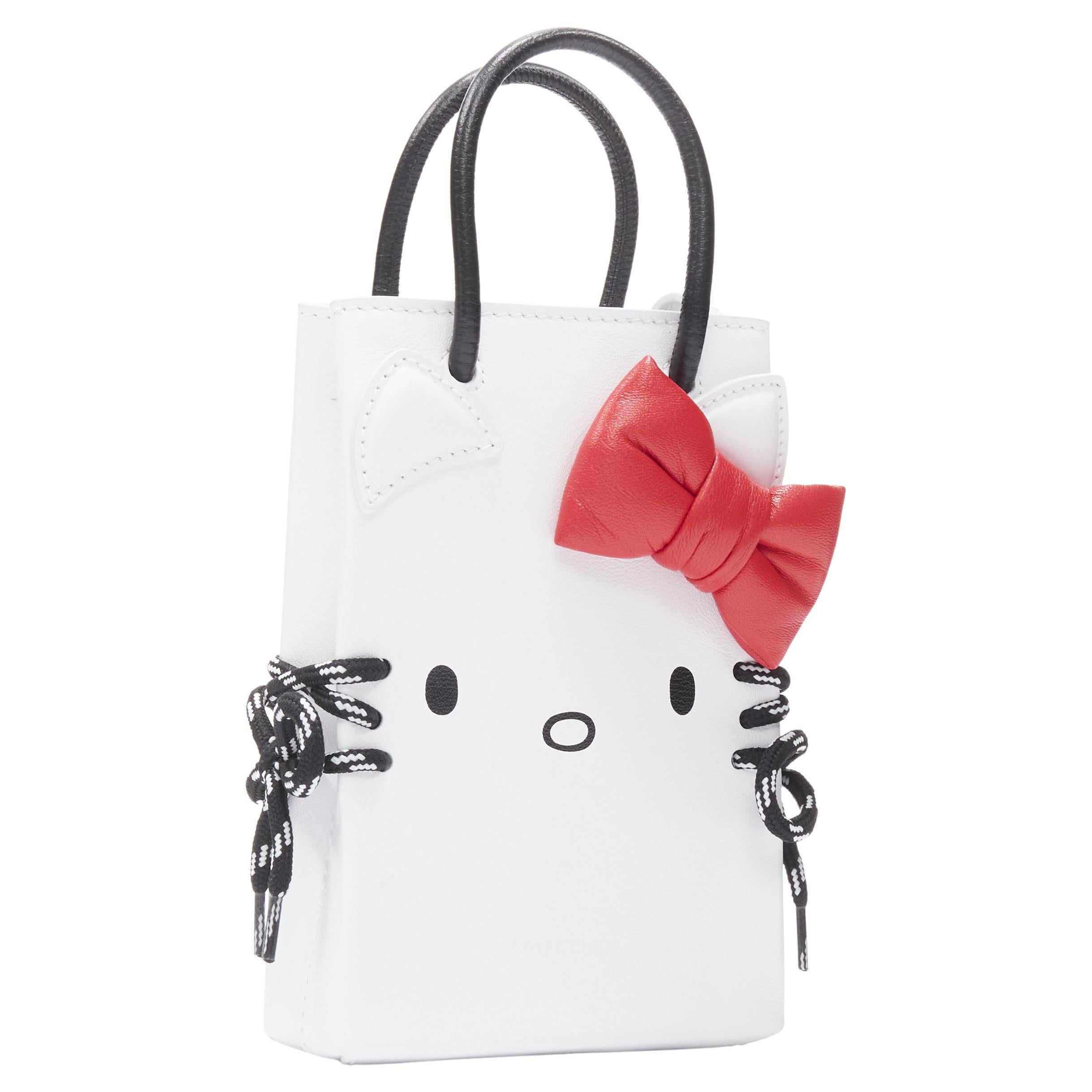 new BALENCIAGA Kitty Phone Holder red bow white leather micro crossbody bag