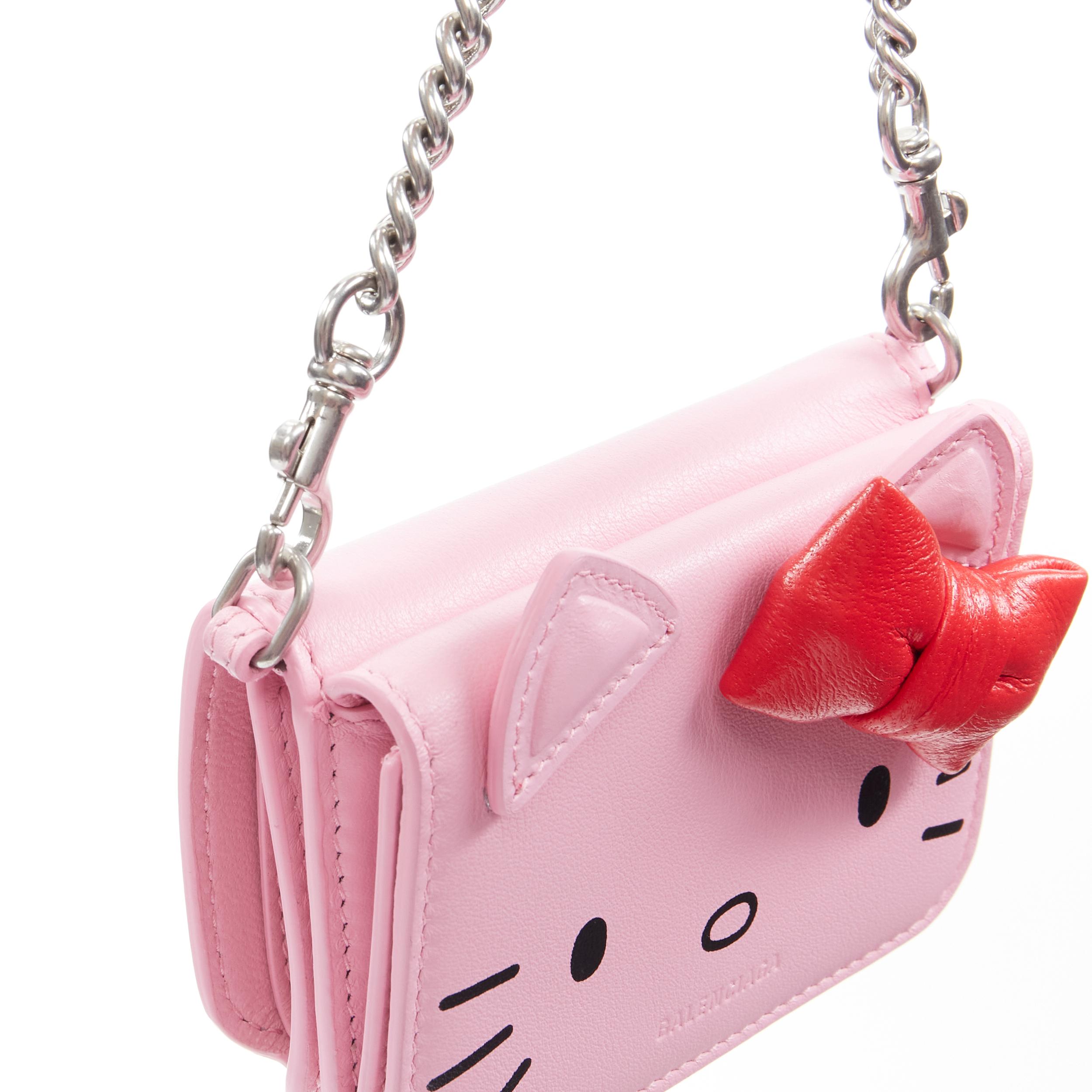 Pink new BALENCIAGA Kitty pink red ribbon wallet micro silver chain crossbody bag