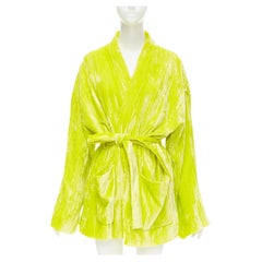 new BALENCIAGA lemon yellow crushed velvet belted pajama shirt robe FR34 XS