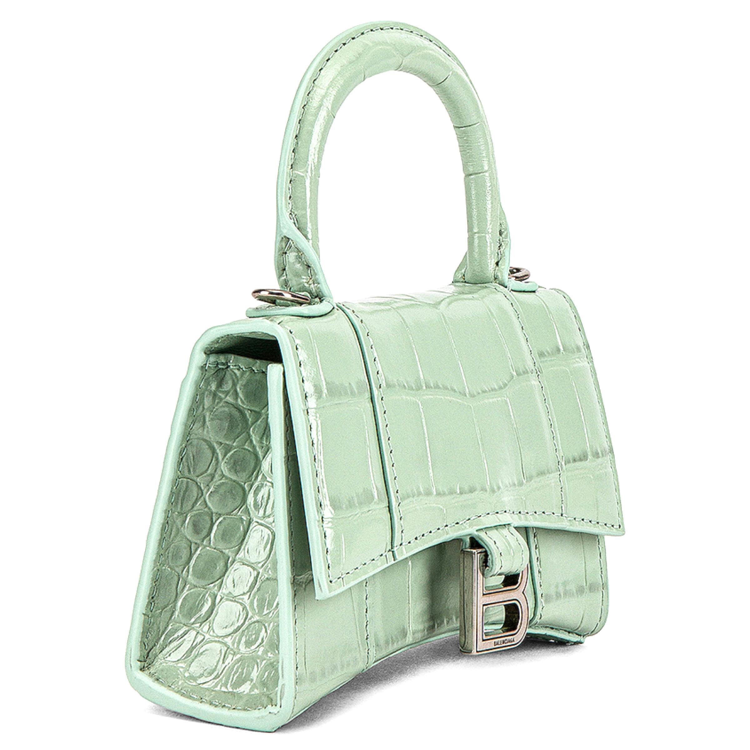New Balenciaga Light Green Nano Hourglass Crocodile Pattern Leather Crossbody Ba For Sale 7