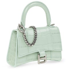 New Balenciaga Light Green Nano Hourglass Crocodile Pattern Leather Crossbody Ba
