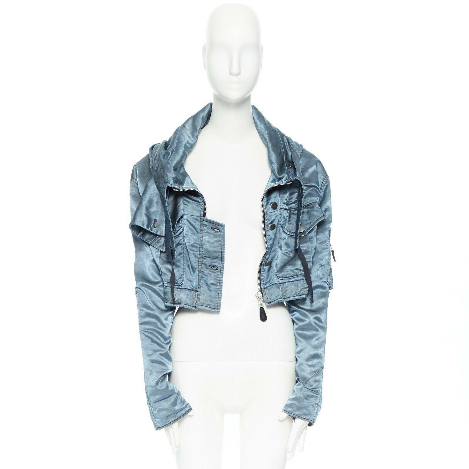 new BALENCIAGA metallic blue hooded cropped utilitarian bomber jacket FR36  S For Sale at 1stDibs