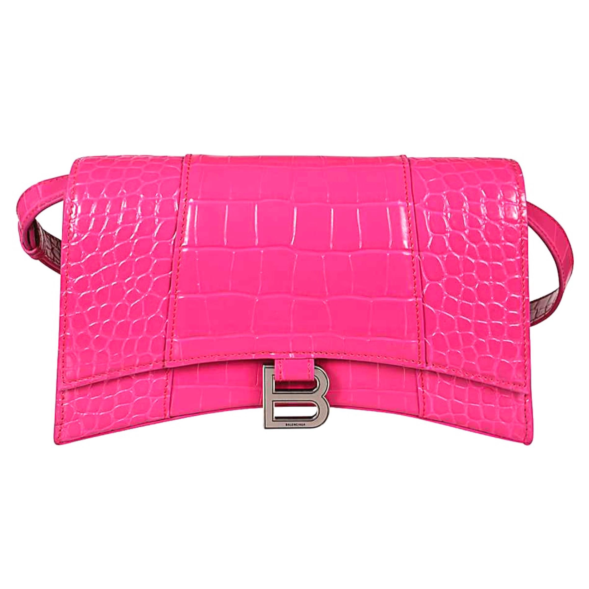 NEW Balenciaga Pink Hourglass Baguette Crocodile Skin Embossed Shoulder Bag  For Sale at 1stDibs