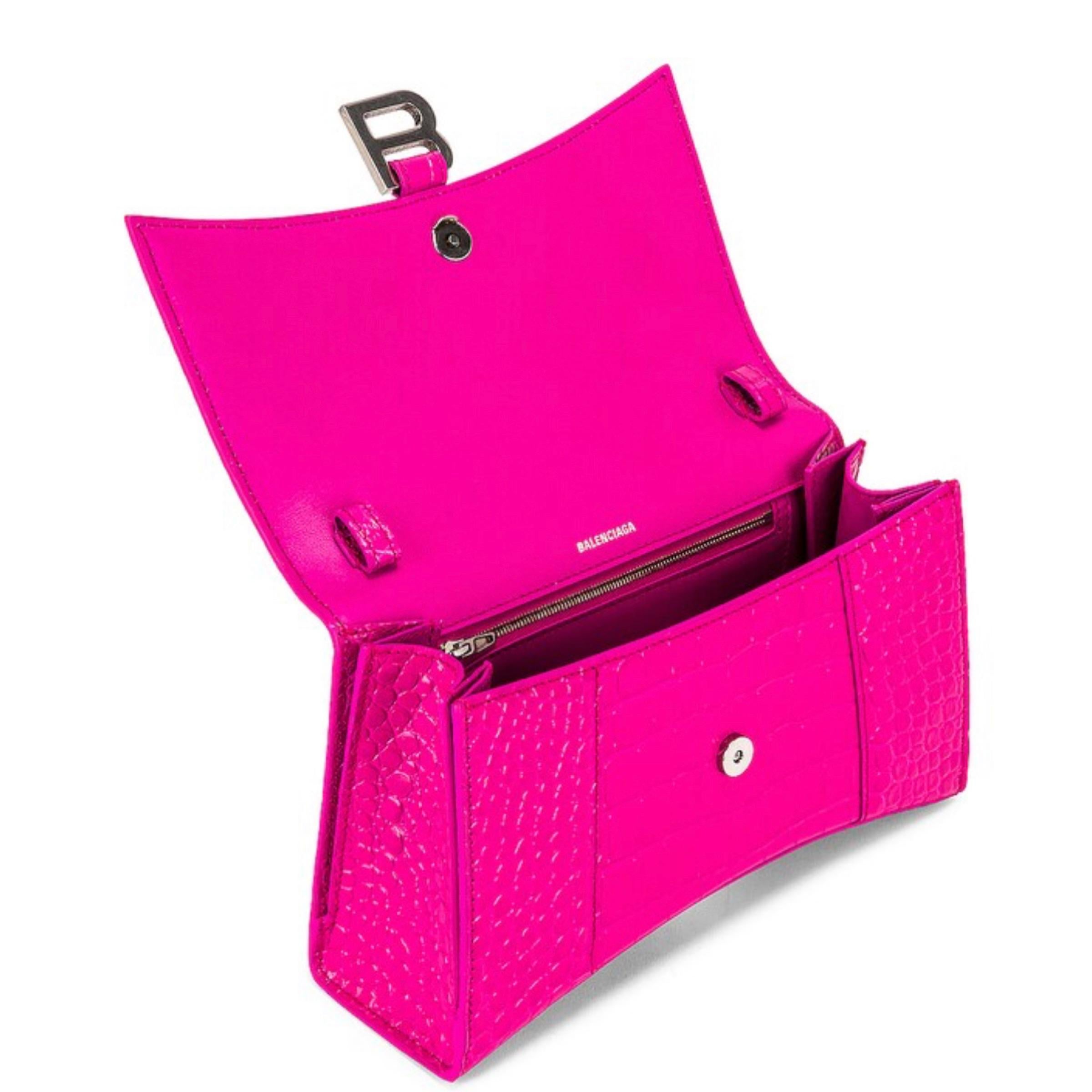 Women's NEW Balenciaga Pink Hourglass Baguette Crocodile Skin Embossed Shoulder Bag For Sale