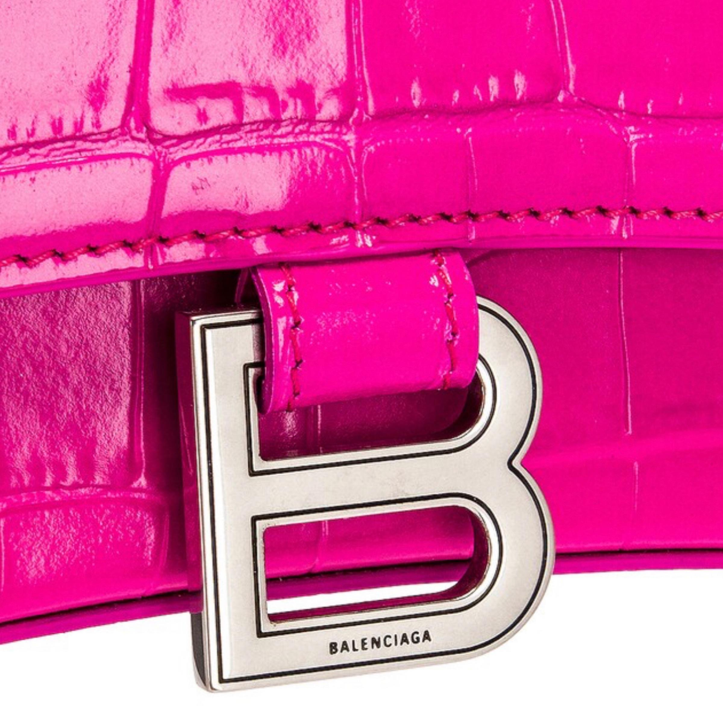 NEW Balenciaga Pink Hourglass Baguette Crocodile Skin Embossed Shoulder Bag For Sale 2