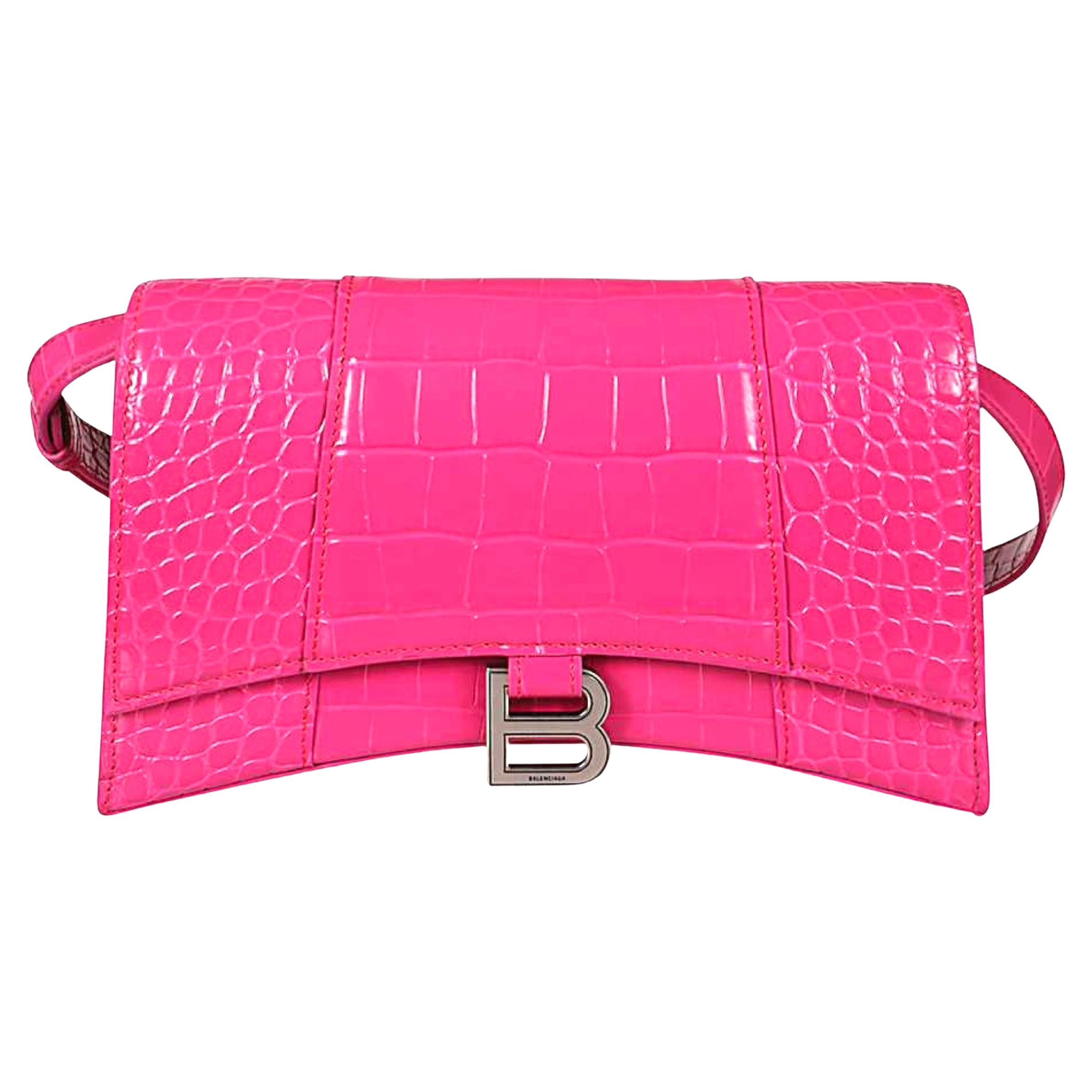NEW Balenciaga Pink Hourglass Baguette Crocodile Skin Embossed Shoulder Bag