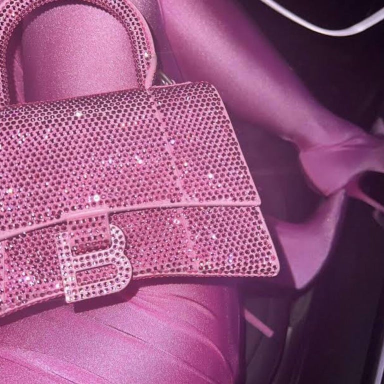 NEW Balenciaga Pink Hourglass XS Suede Leather Rhinestones Crossbody