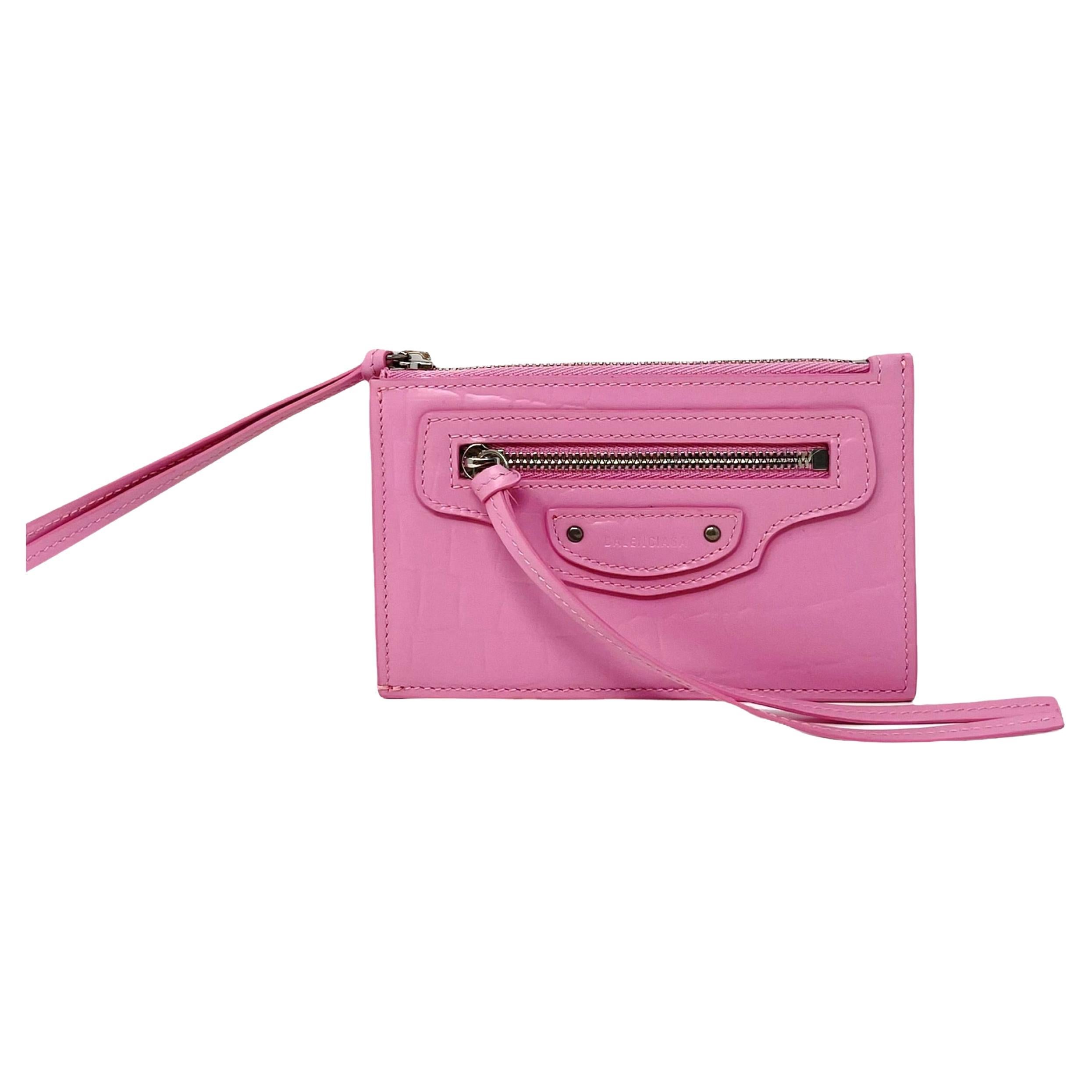 NEW Balenciaga Pink Neo Classic Crocodile Skin Pattern Card Holder Wristlet For  Sale at 1stDibs