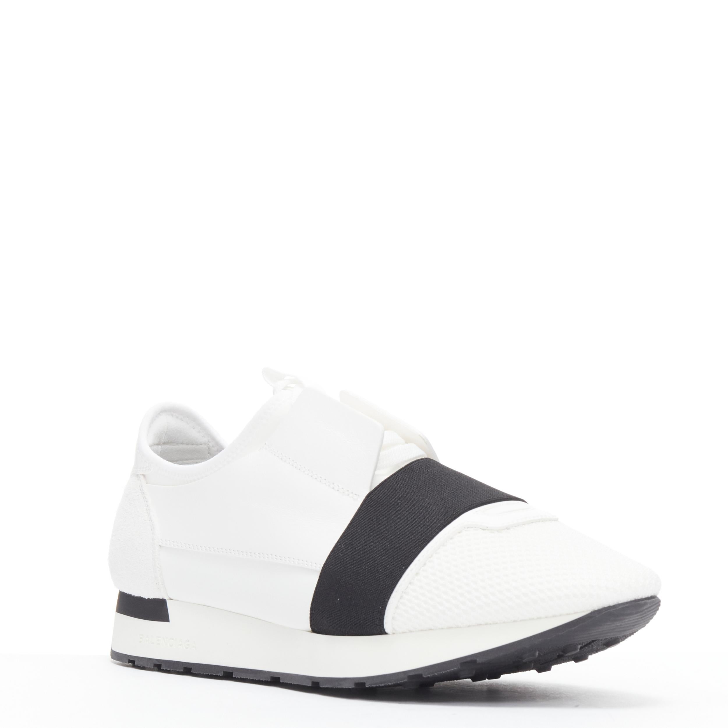 new BALENCIAGA Race Runner white mesh leather black strap low sneaker EU43 US10 
Reference: TGAS/B01557 
Brand: Balenciaga 
Model: Race Runner 
Material: Leather 
Color: White 
Pattern: Solid 
Closure: Lace Up 
Extra Detail: Leather and suede upper.