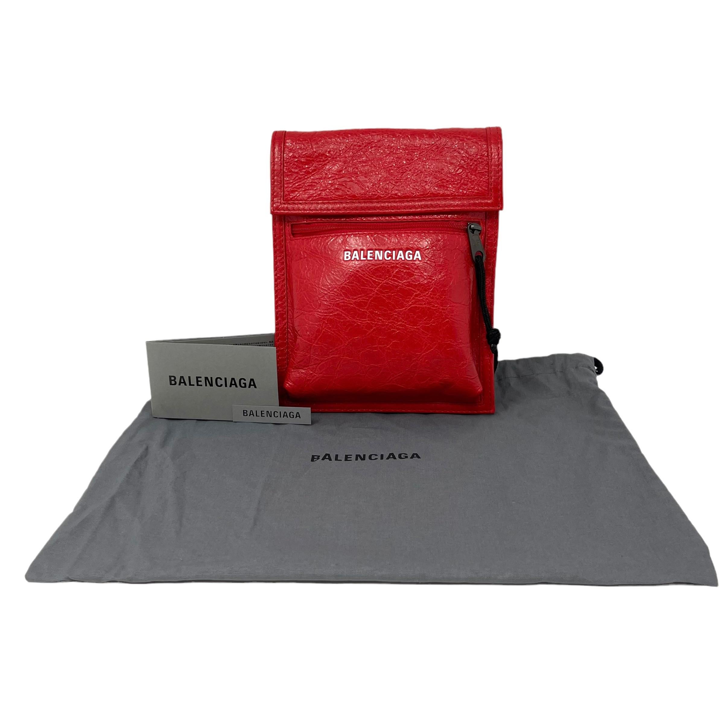 NEW Balenciaga Red Explorer Cracked Leather Pouch Crossbody Bag For Sale 11