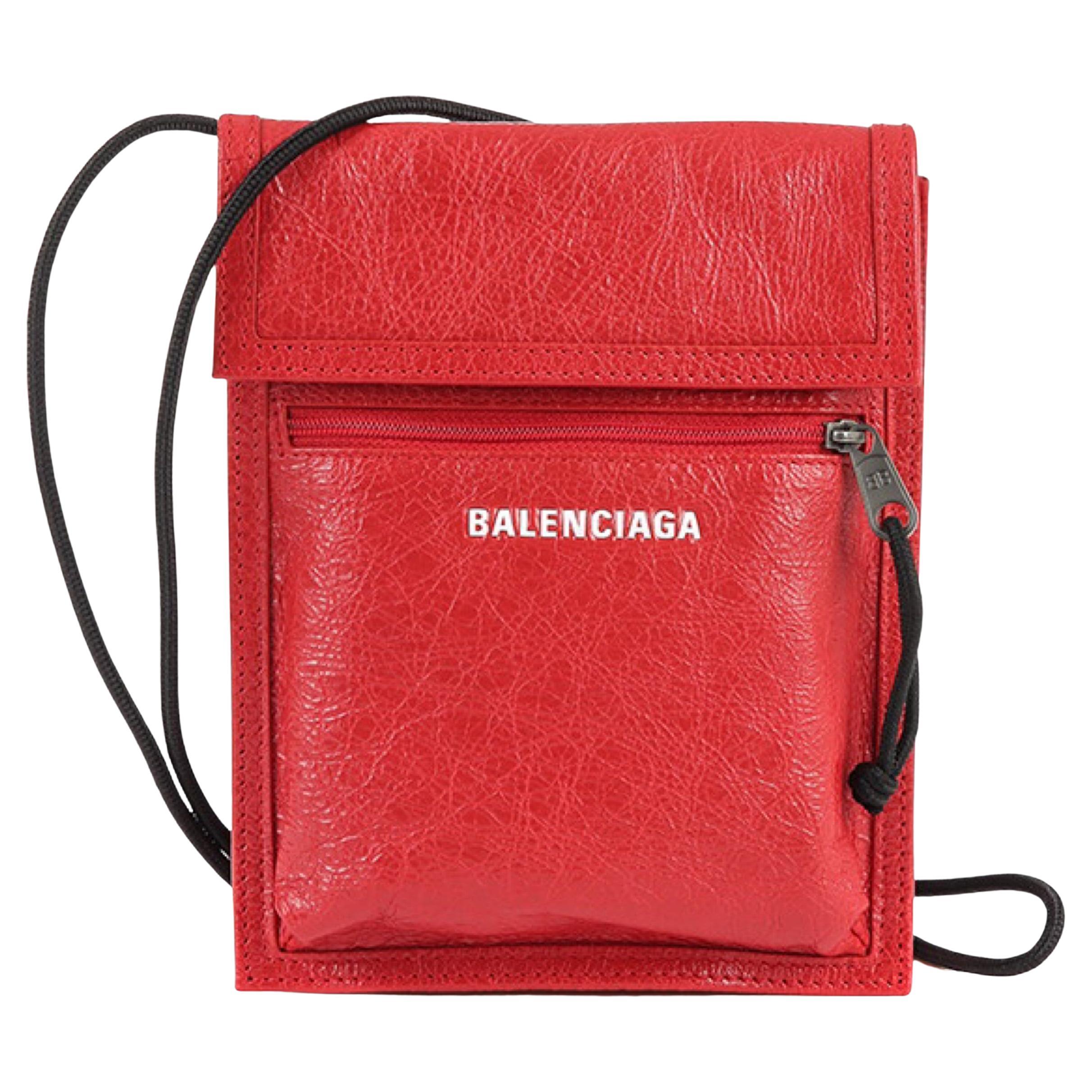 NEW Balenciaga Red Explorer Cracked Leather Pouch Crossbody Bag For Sale