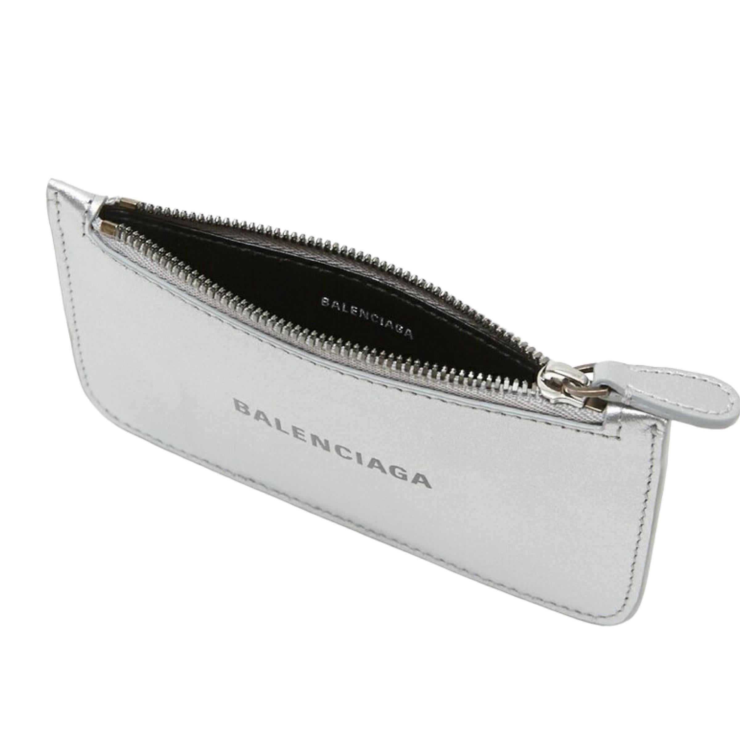 NEW Balenciaga Silver Printed Logo Leather Key Chain Pouch Bag For Sale 5