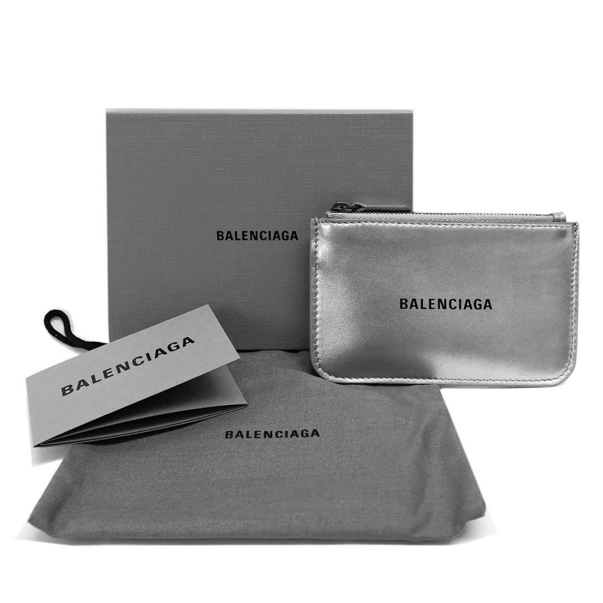 NEW Balenciaga Silver Printed Logo Leather Key Chain Pouch Bag For Sale 8