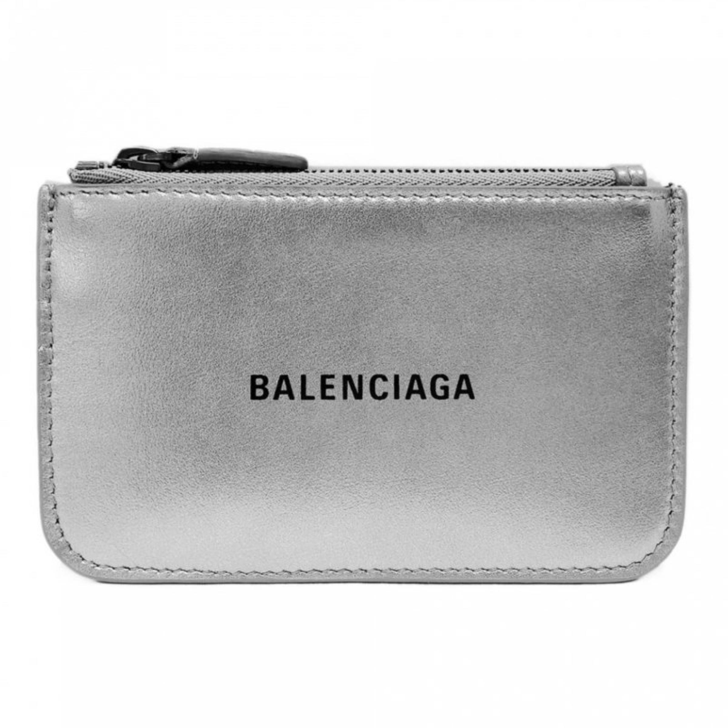 NEW Balenciaga Silver Printed Logo Leather Key Chain Pouch Bag For Sale at  1stDibs