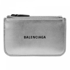 NEW Balenciaga Silver Printed Logo Leather Key Chain Pouch Bag