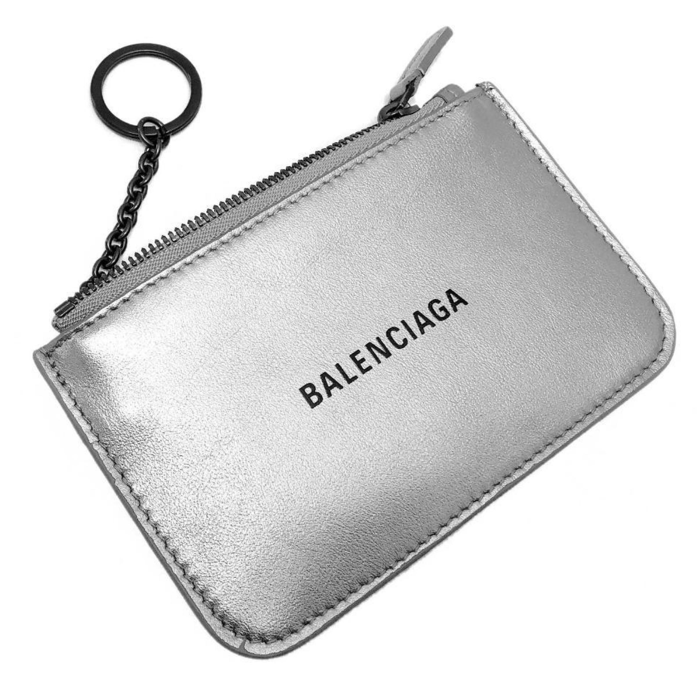 NEW Balenciaga Silver Printed Logo Leather Key Chain Pouch Bag For Sale 2