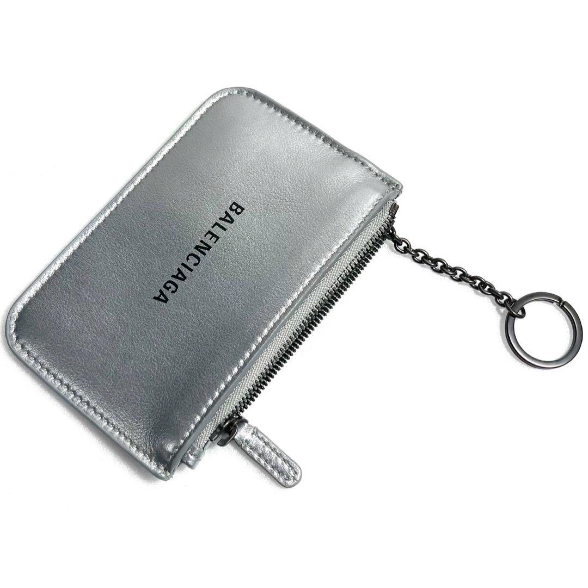 NEW Balenciaga Silver Printed Logo Leather Key Chain Pouch Bag For Sale 3