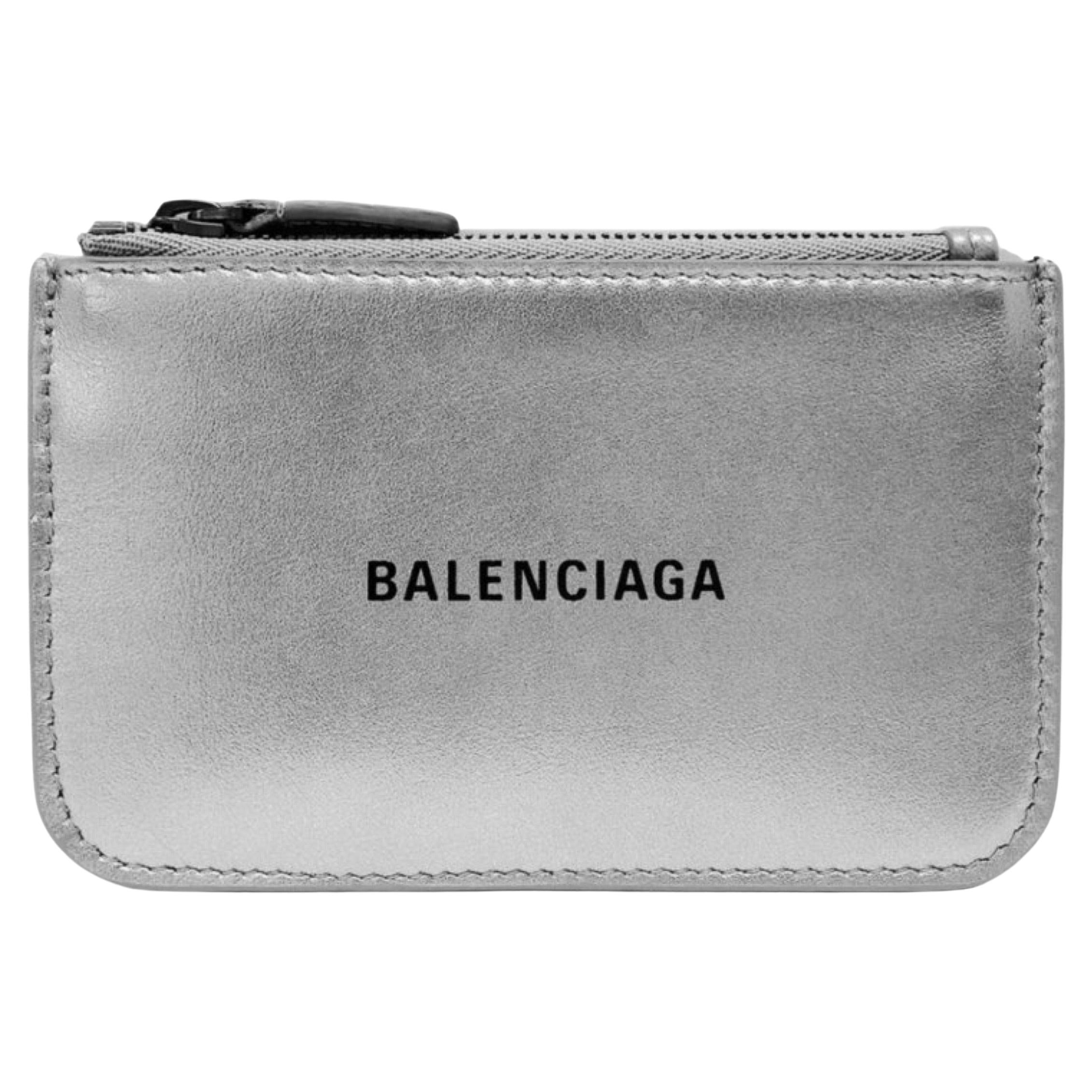 NEW Balenciaga Silver Printed Logo Leather Key Chain Pouch Bag For Sale