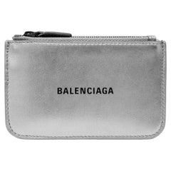 NEW Balenciaga Silver Printed Logo Leather Key Chain Pouch Bag