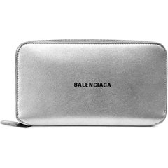 NEW Balenciaga Silver Ville Leather Zip Around Wallet Clutch Bag