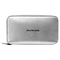 NEW Balenciaga Silver Ville Leather Zip Around Wallet Clutch Bag