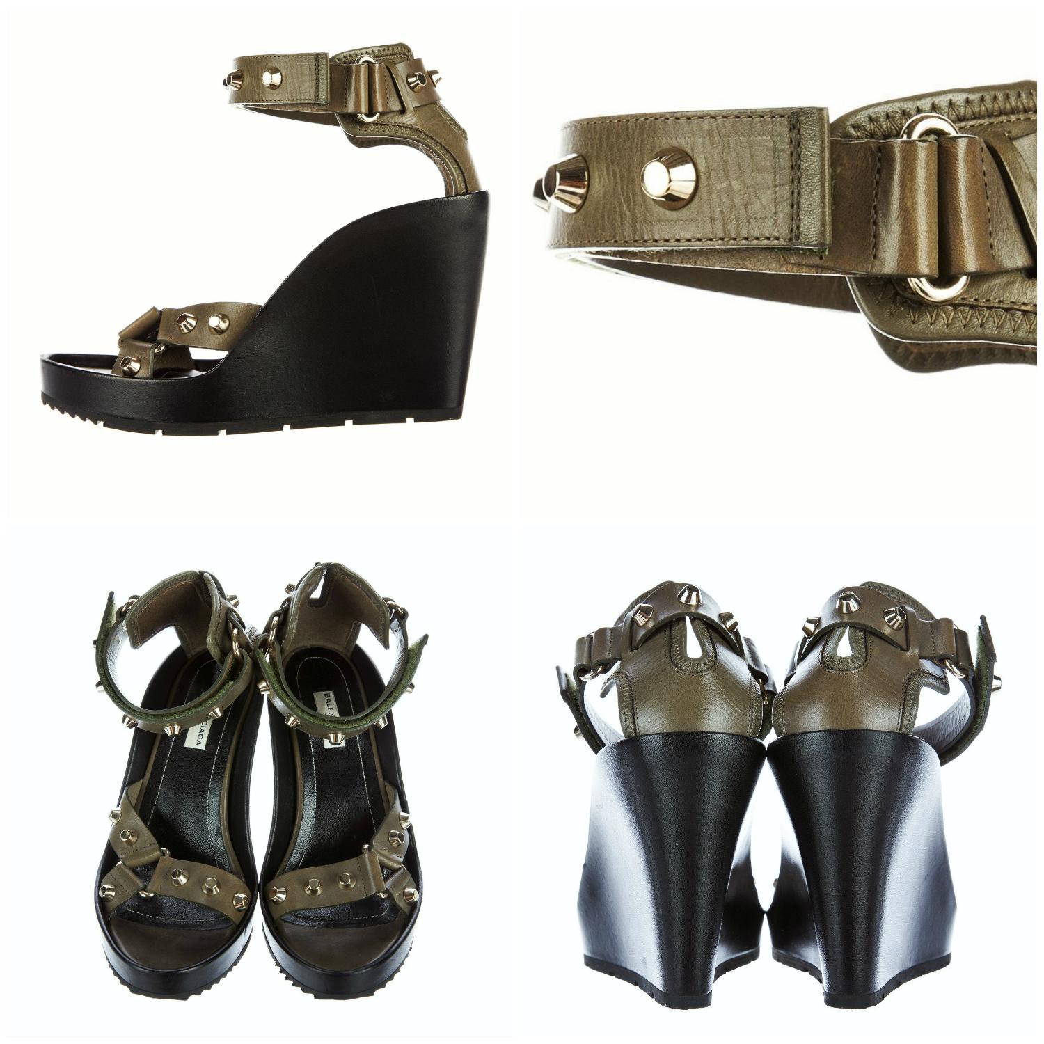 Balenciaga Wedge Platforms
Brand New
* Stunning in Olive & Black
* Size: 37.5
* Adjustable Ankle Strap
* Velcro Closure
* Gold Studs
* 1.25