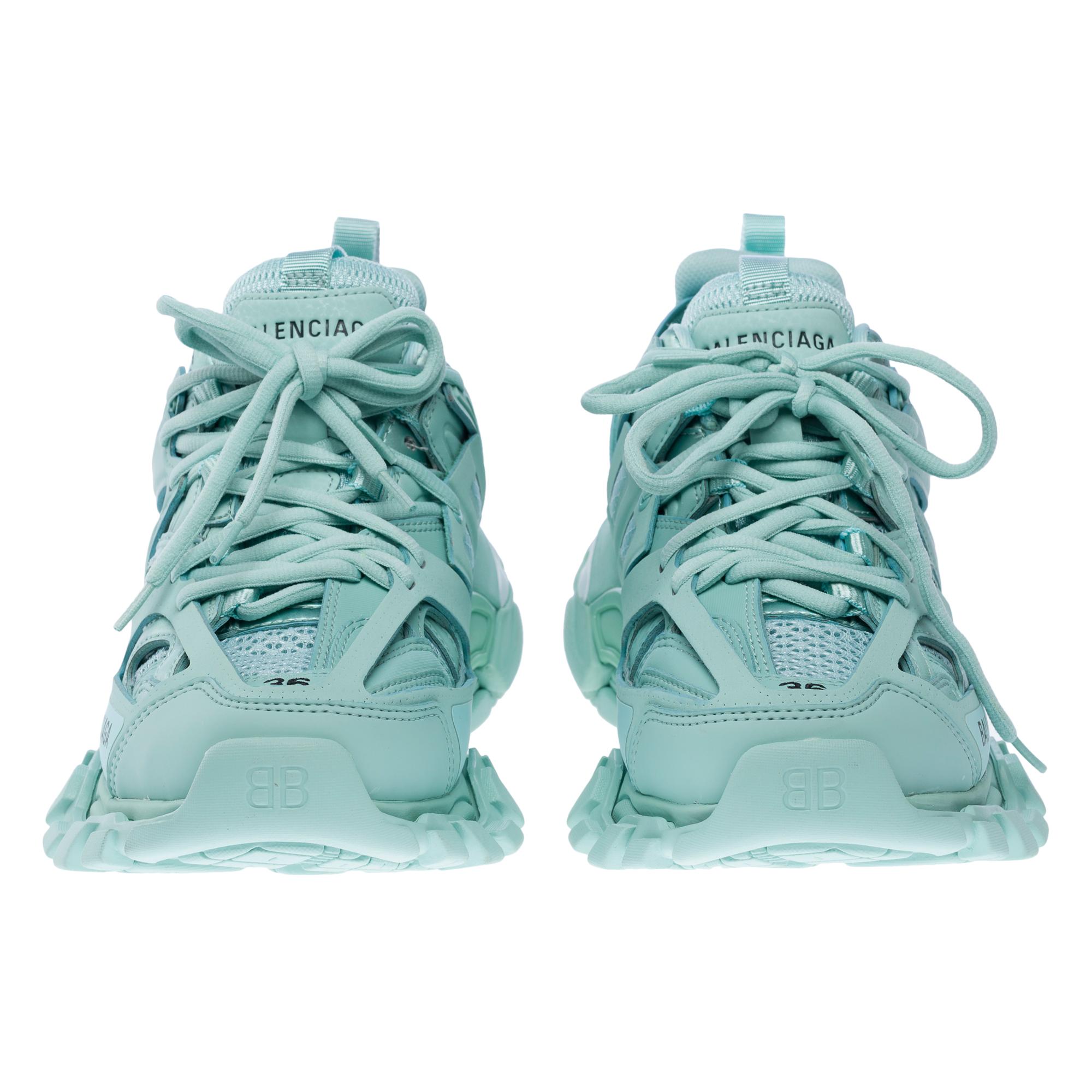 Men's New Balenciaga Track Sneakers in Aqua & Black Mesh, size 6 For Sale
