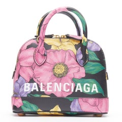 new BALENCIAGA Ville XXS black floral logo print top handle bowling bag