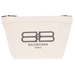 New Balenciaga White BB Logo Print Small Jumbo Canvas Clutch Pouch Bag