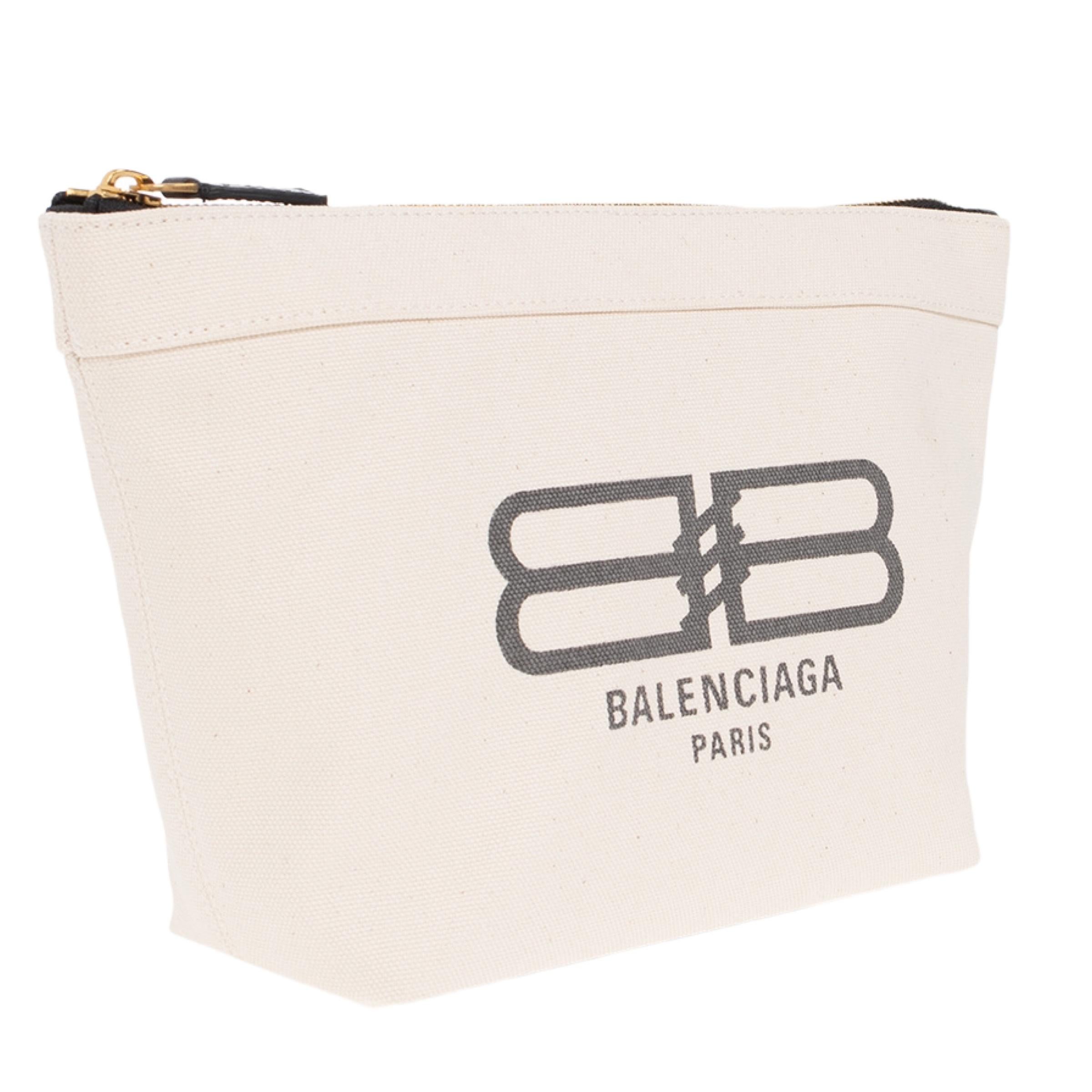 New Balenciaga White BB Logo Print Small Jumbo Canvas Clutch Pouch Bag In New Condition For Sale In San Marcos, CA