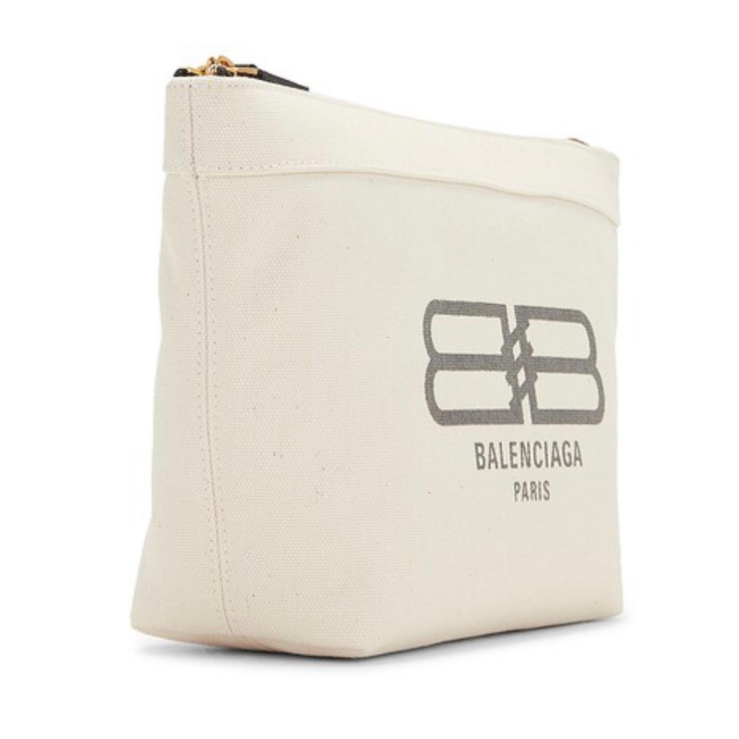 Women's or Men's New Balenciaga White BB Logo Print Small Jumbo Canvas Clutch Pouch Bag For Sale