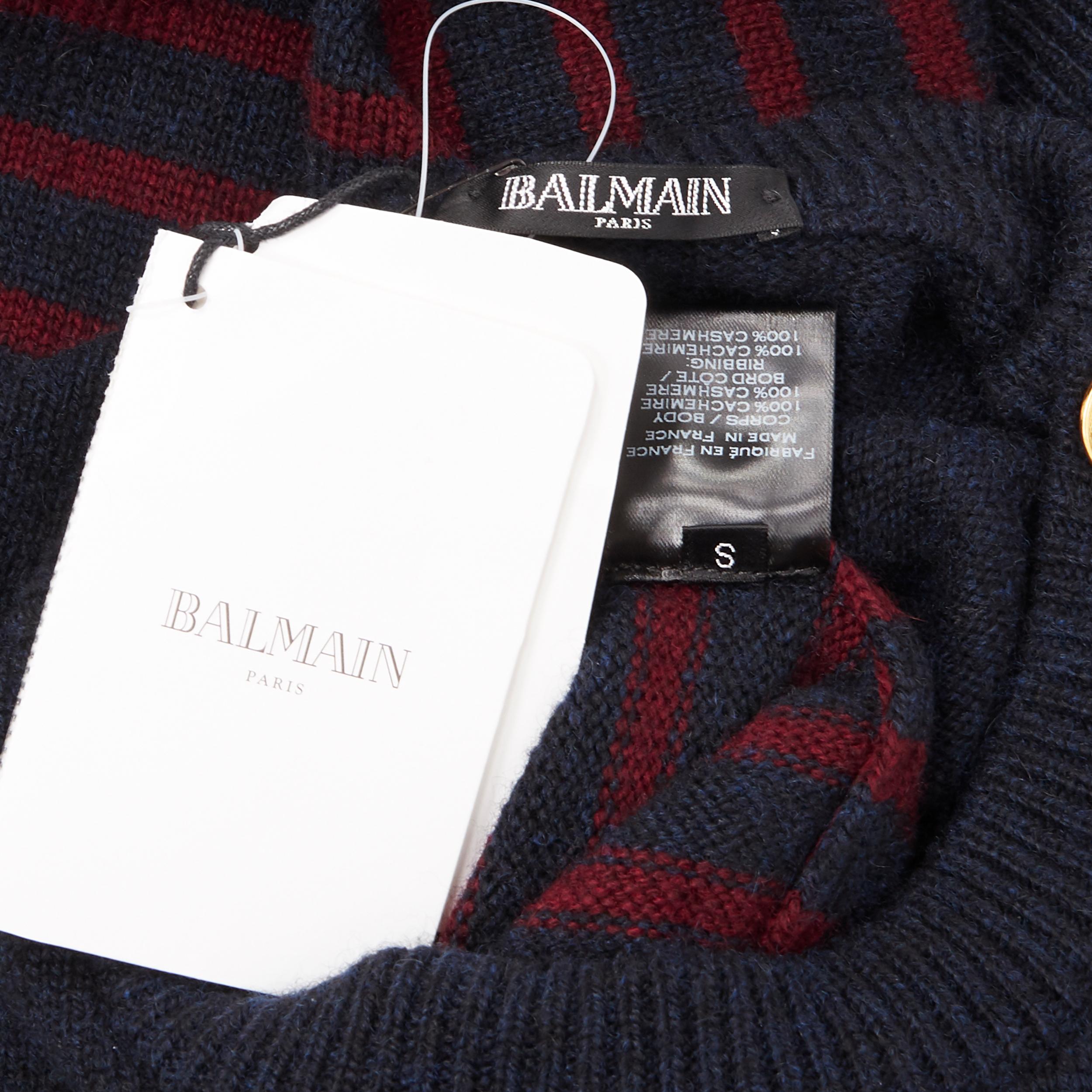 nuevo BALMAIN 100% cachemira azul rojo raya oro militar botón suéter de punto S 5