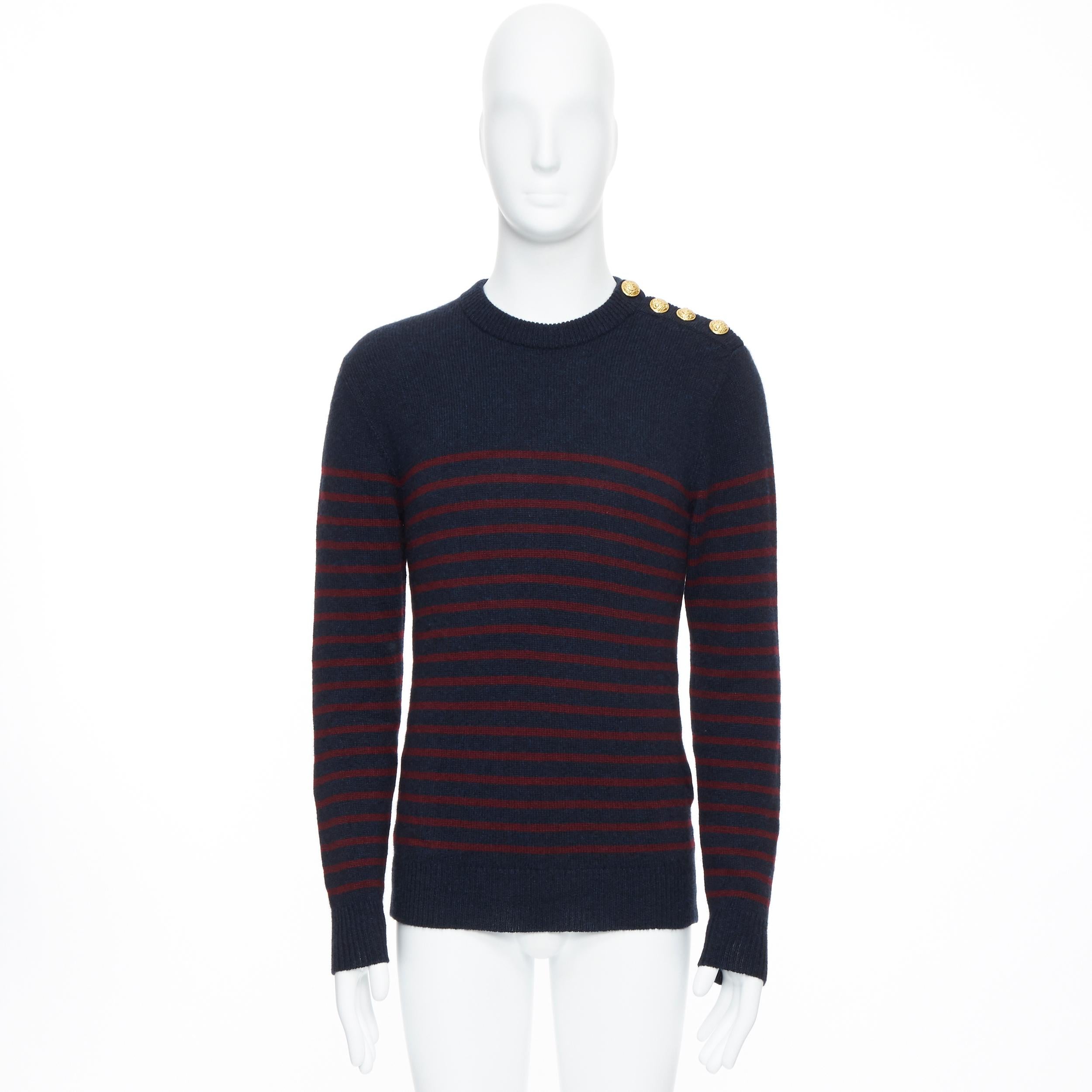 nuevo BALMAIN 100% cachemira azul rojo raya oro militar botón suéter de punto S Negro
