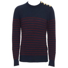 new BALMAIN 100% cashmere blue red stripe gold military button knit sweater S