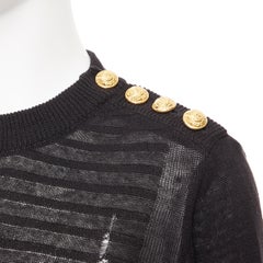 new BALMAIN 100% linen black stripe gold military button distressed sweater M