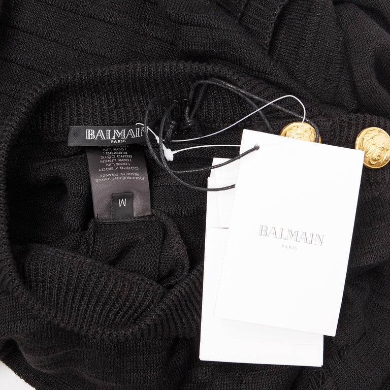 new BALMAIN 100% linen black stripe gold military button holey sweater ...