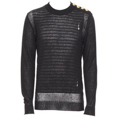 new BALMAIN 100% linen black stripe gold military button holey sweater top M