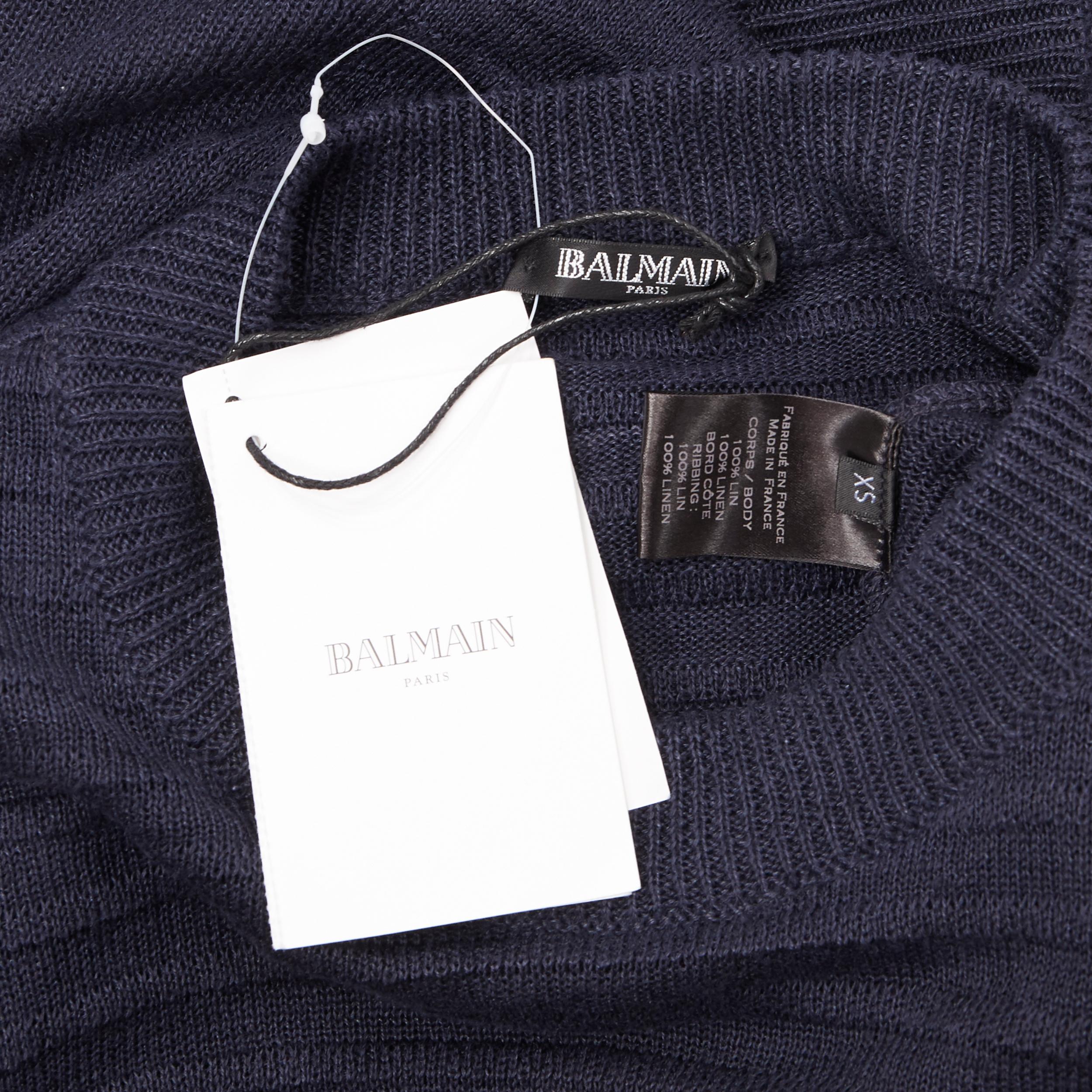 new BALMAIN 100% linen navy stripe gold military button distressed sweater XS 4