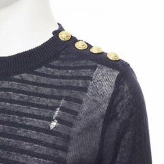 new BALMAIN 100% linen navy stripe gold military button distressed sweater XS