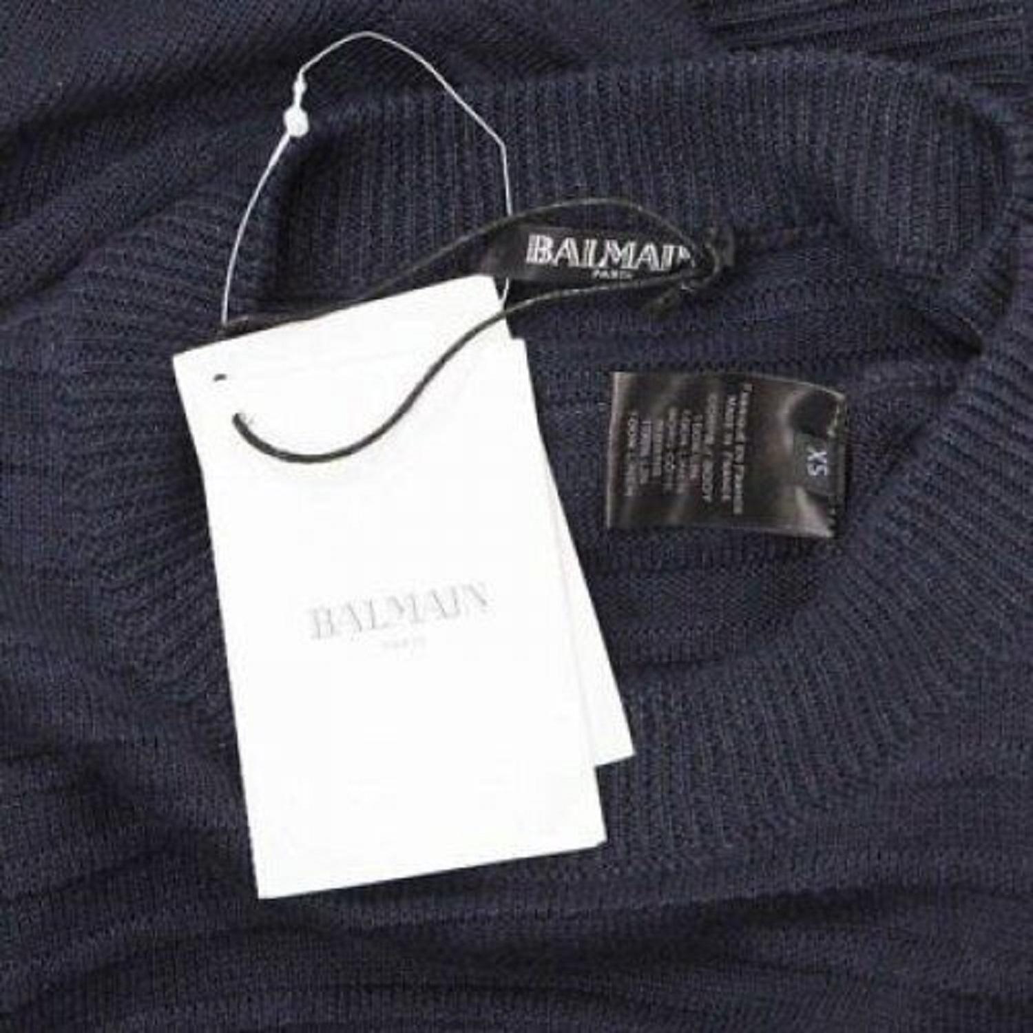 new BALMAIN 100% linen navy stripe gold military button distressed sweater XS For Sale 4