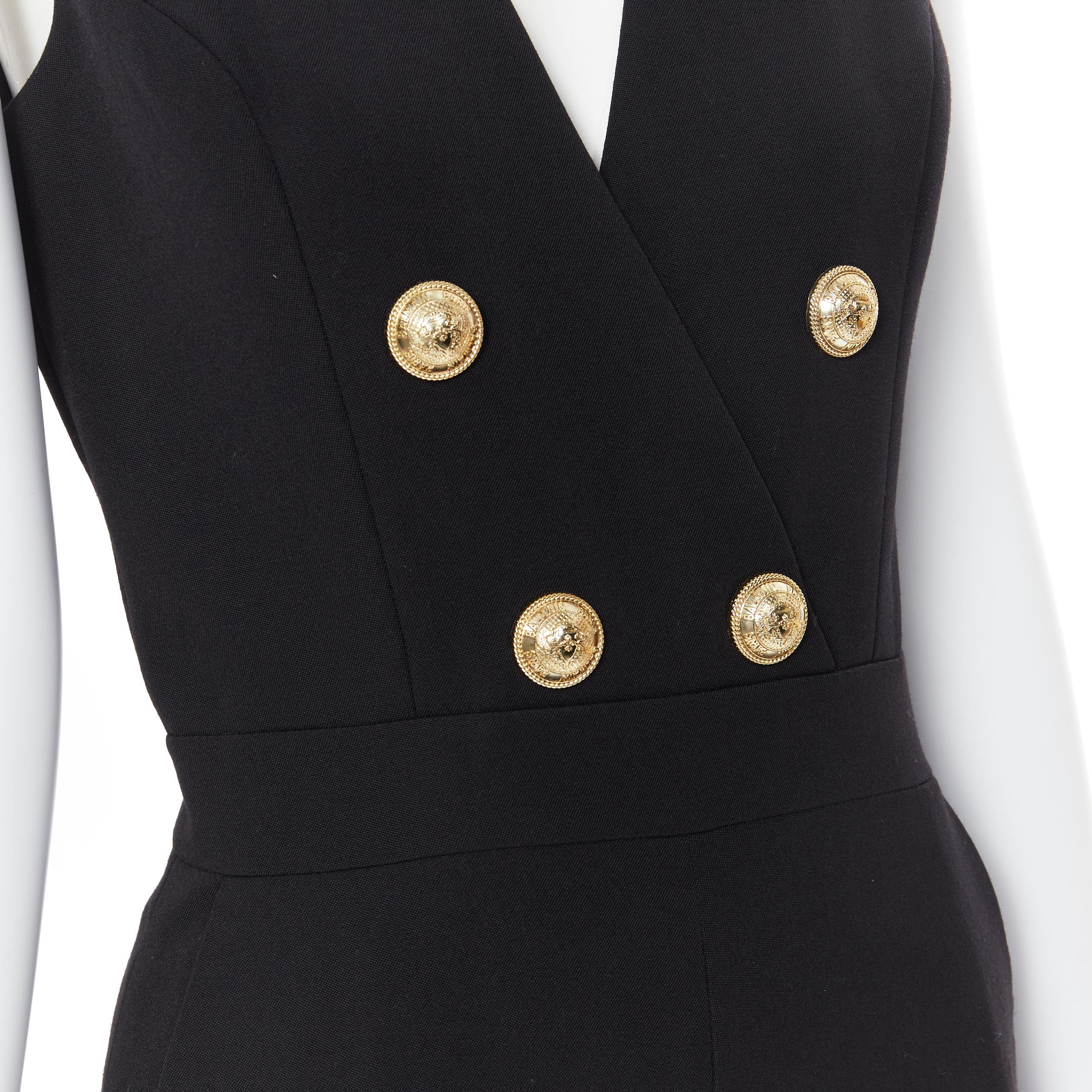 new BALMAIN 100% wool black gold military double breasted button jumpsuit FR36 S
Brand: Balmain
Designer: Olivier Rousteing
Model Name / Style: Double breasted jumpsuit
Material: Wool
Color: Black
Pattern: Solid
Closure: Zip
Extra Detail: BALMAIN