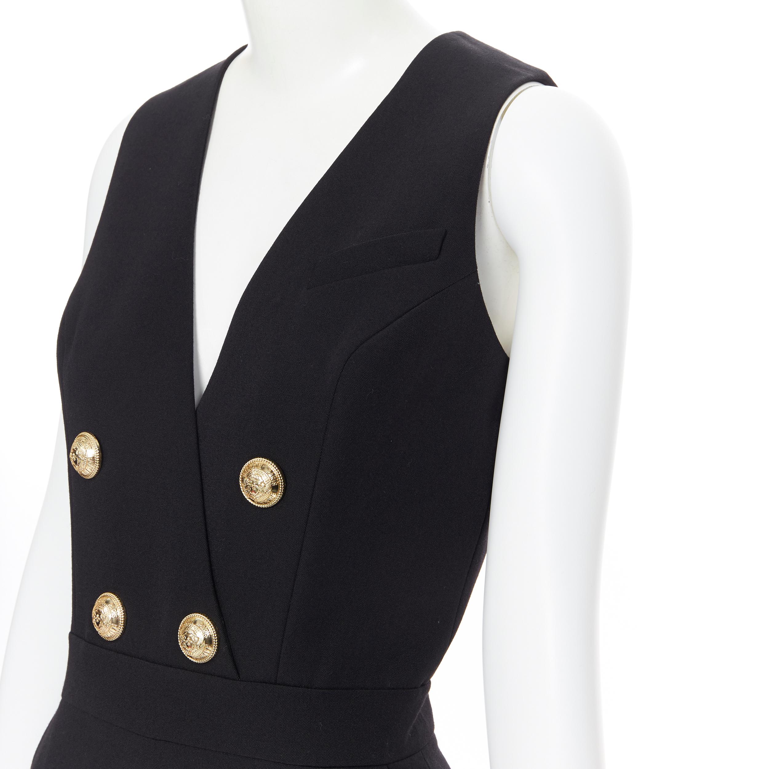Women's new BALMAIN 100% wool black gold military double breasted button jumpsuit FR36 S