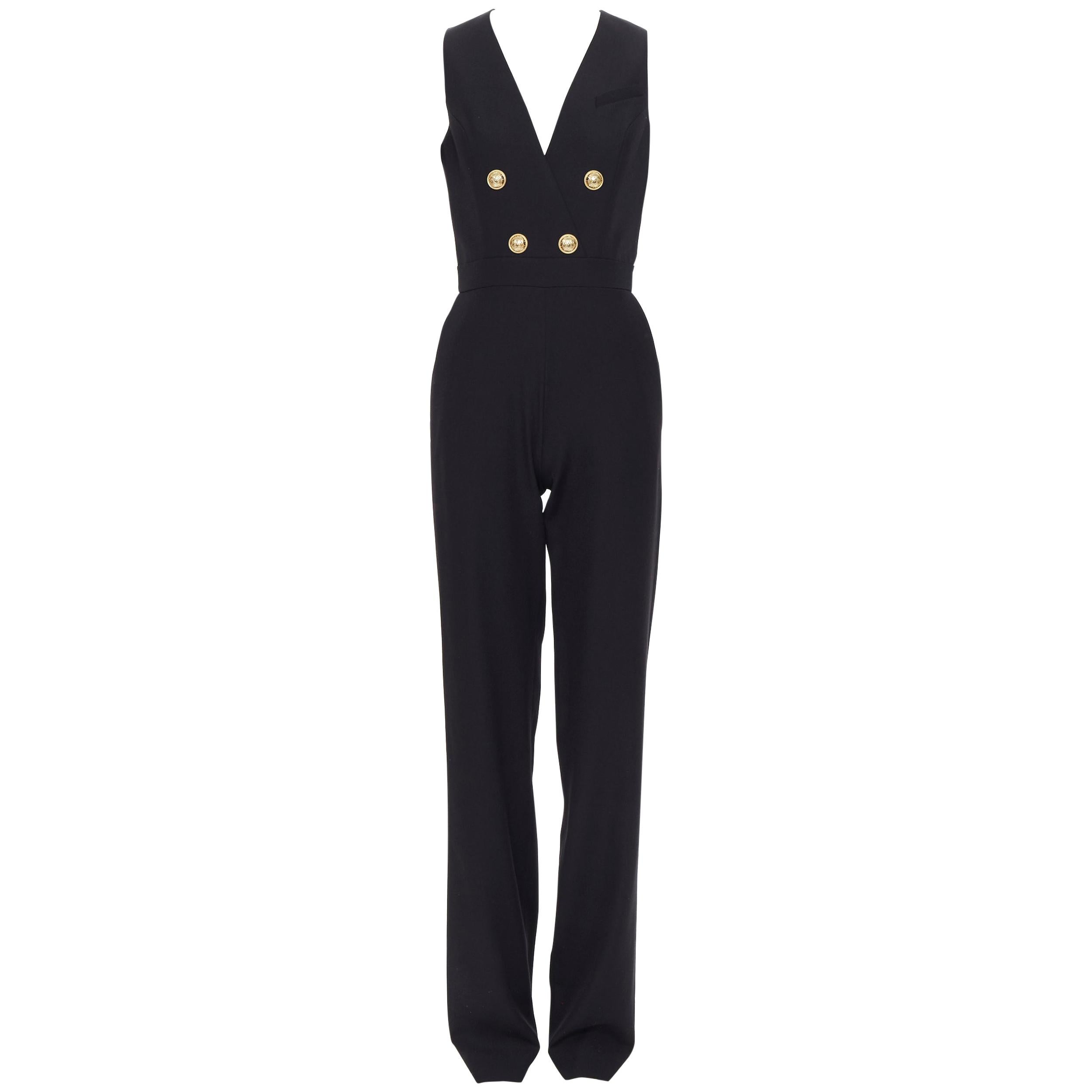 new BALMAIN 100% wool black gold military double breasted button jumpsuit FR36 S