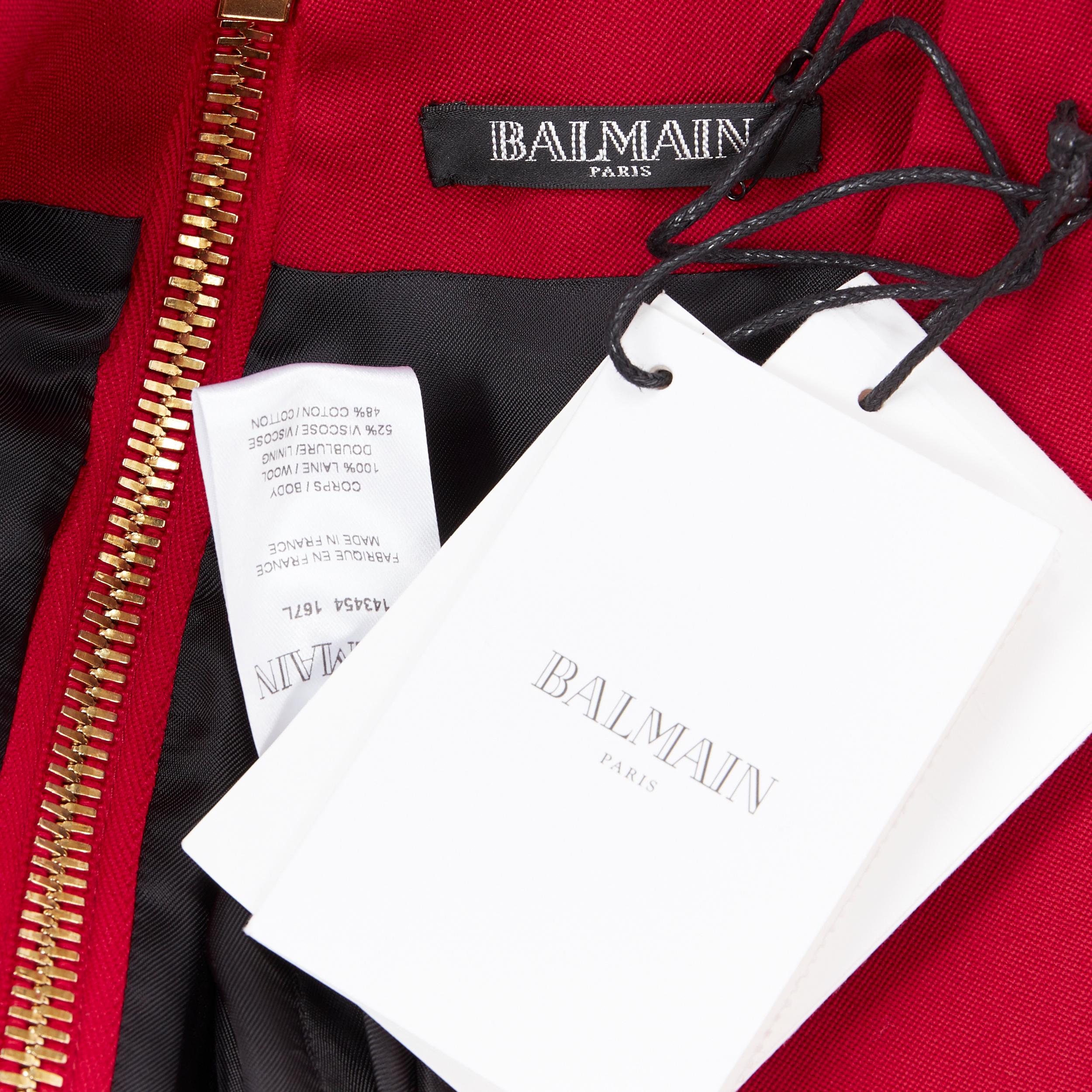 new BALMAIN 100% wool red gold military button shoulder padded mini dress Fr38 6