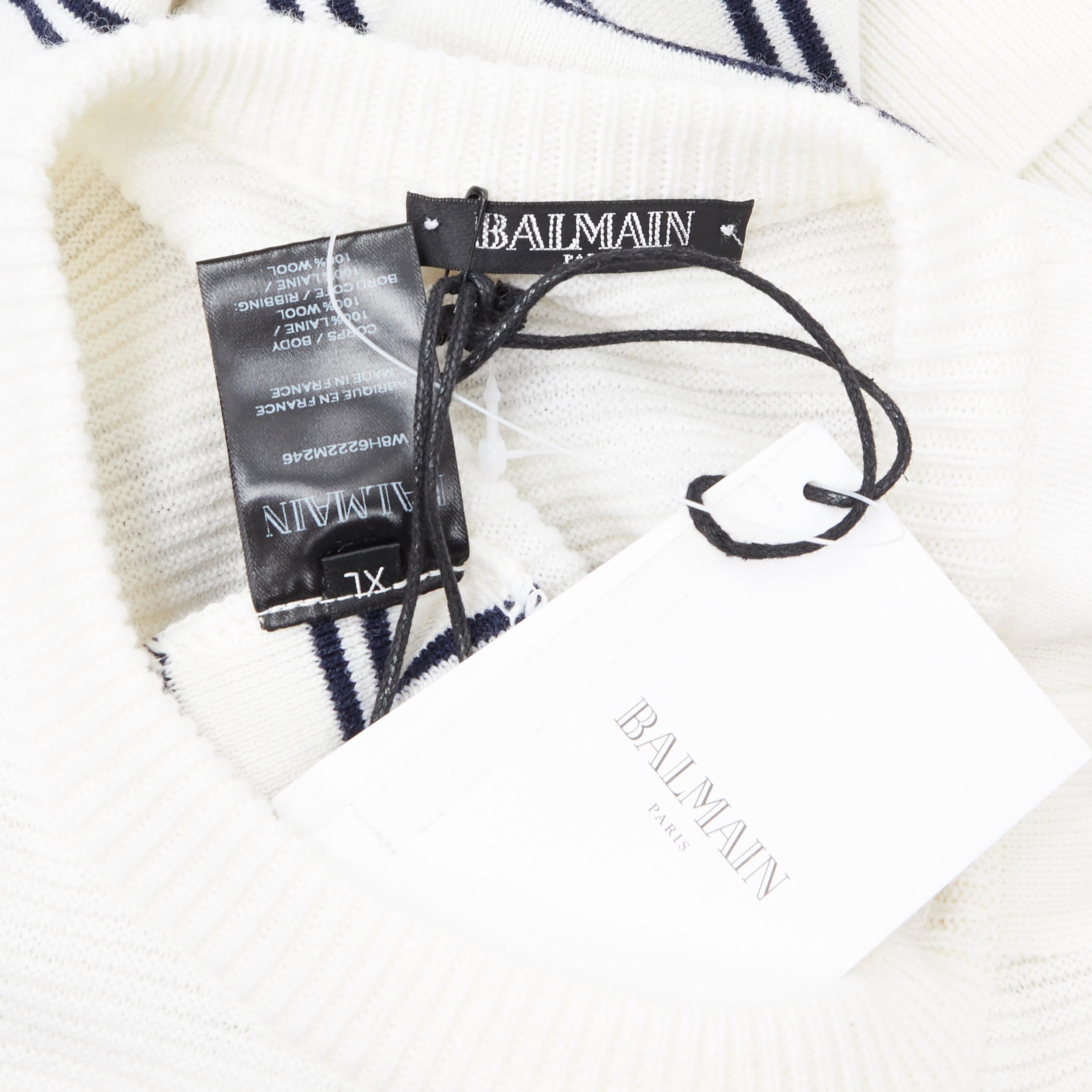 new BALMAIN 100% wool white blue nautical stripe military button knit sweater XL 2