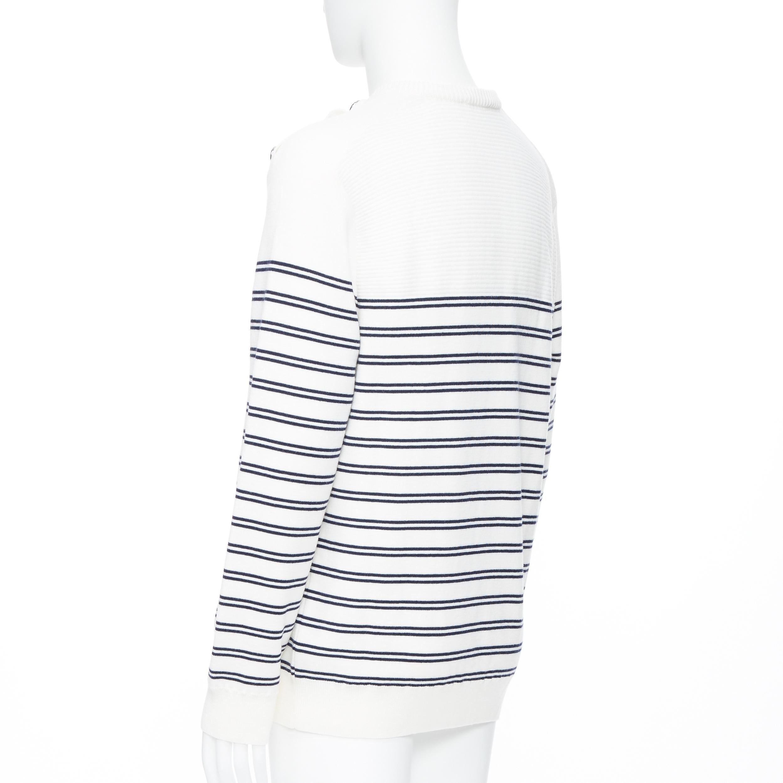 new BALMAIN 100% wool white blue nautical stripe military button knit sweater XL In New Condition In Hong Kong, NT