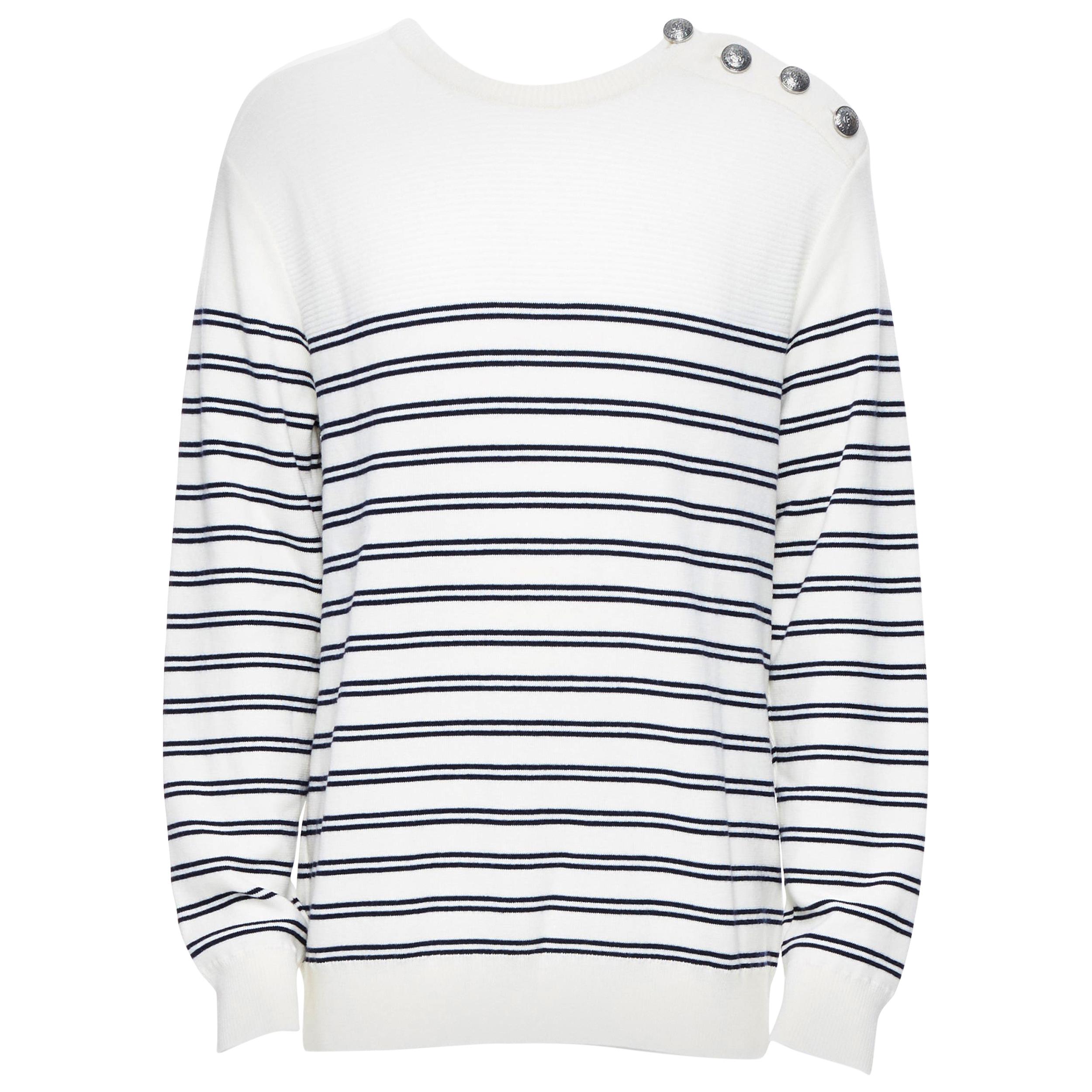 new BALMAIN 100% wool white blue nautical stripe military button knit sweater XL