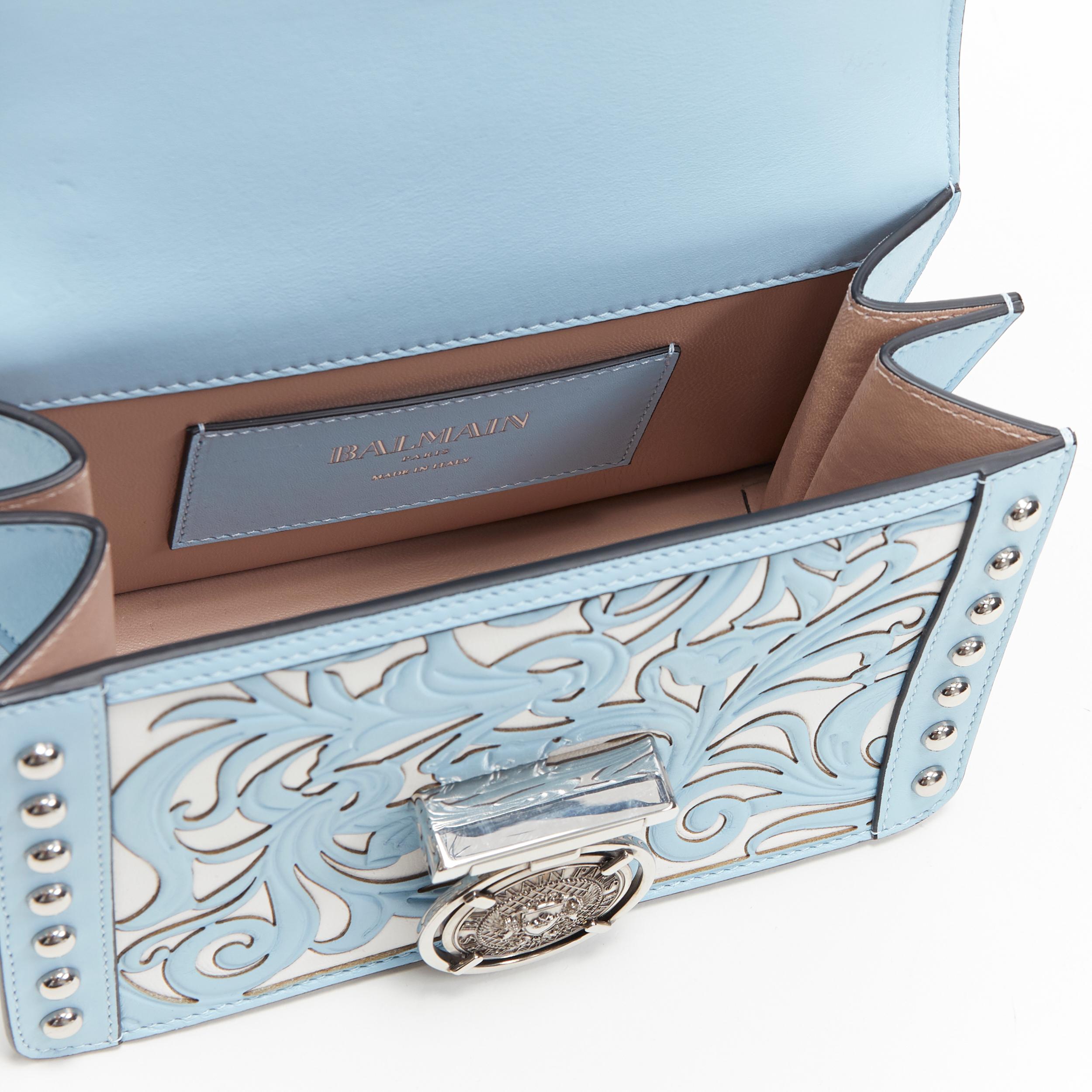 new BALMAIN Bbox 20 blue white baroque laser cut studded flap shoulder chain bag 2